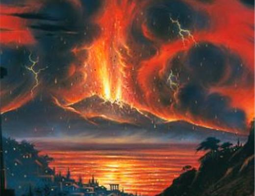 Il Vesuvio in fase eruttiva, dalla piana partenopea.